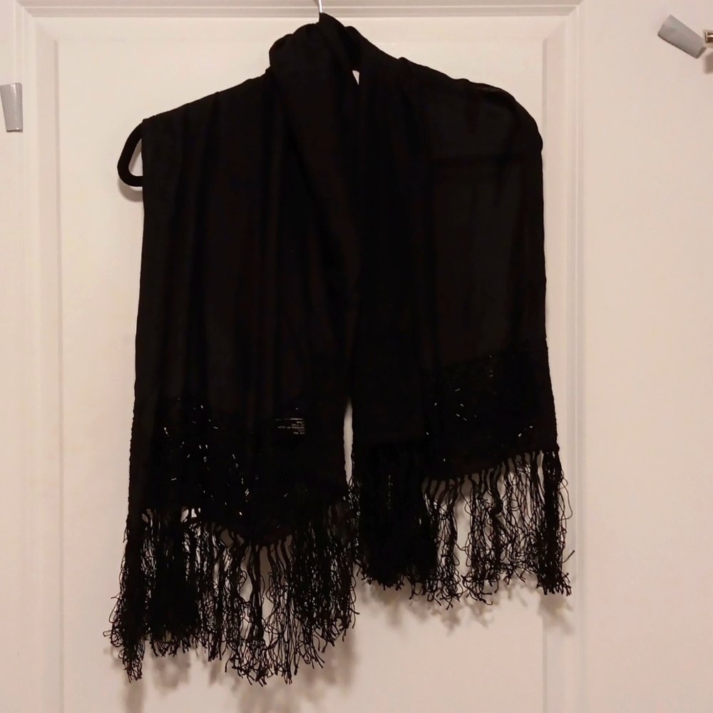 Valerie Steven's 100% silk beaded fringe black scarf